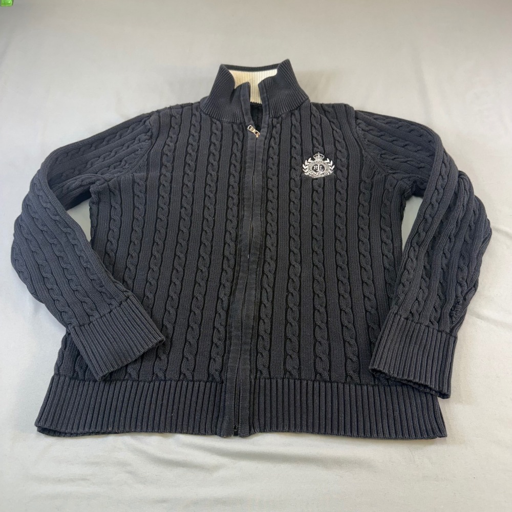 Ralph Lauren women's black Cable Knit Full Zip Crest Cardigan Sweater Large‎ - Picture 14 of 16